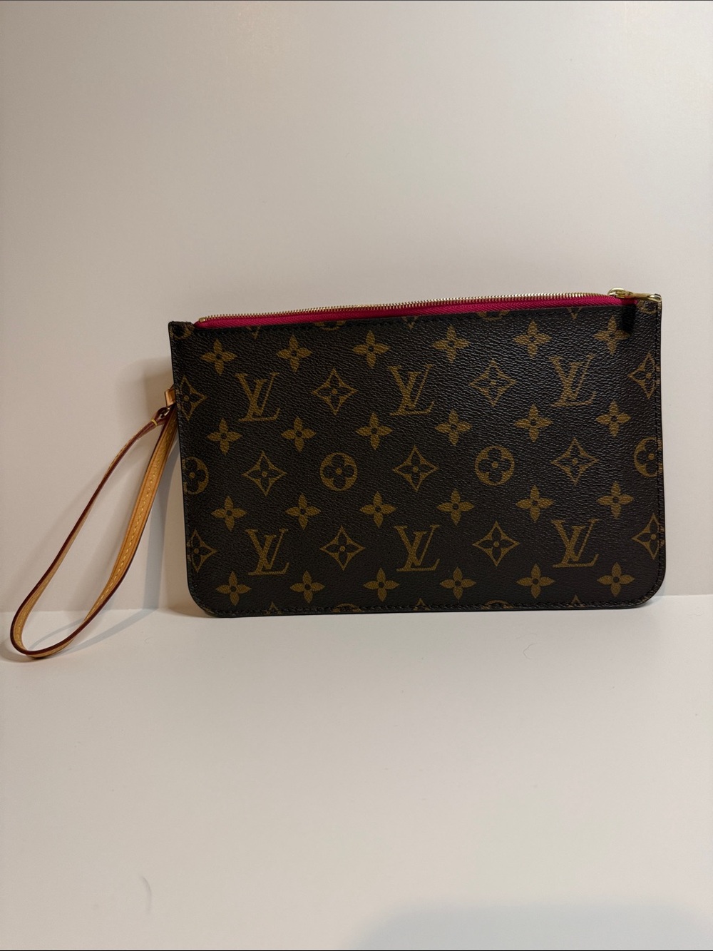 Louis Vuitton Monogram Zip Wristlet Pouch in Brown with Pink Accent